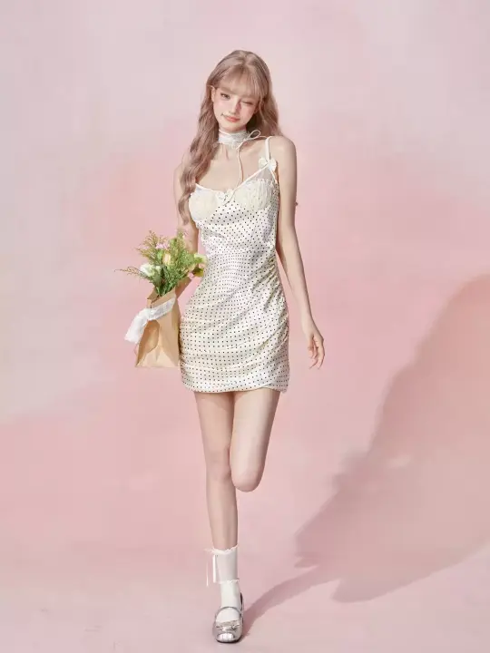 Sleeveless Polka Dot Mini Dress with Sheer Lace Bust and Ruched Skirt R9233