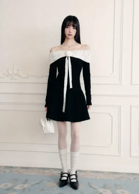 Black And White Off The Shoulder Mini Dress With Lace Trim And Bow Detail R9448