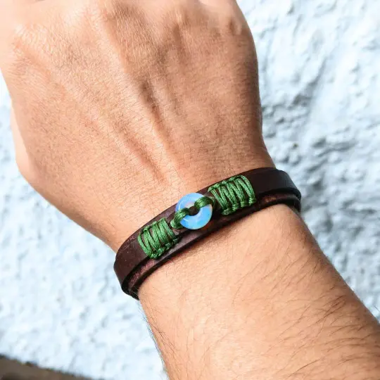 Dark Brown Leather Moonstone Bracelet – Olive Macramé Watchband Style