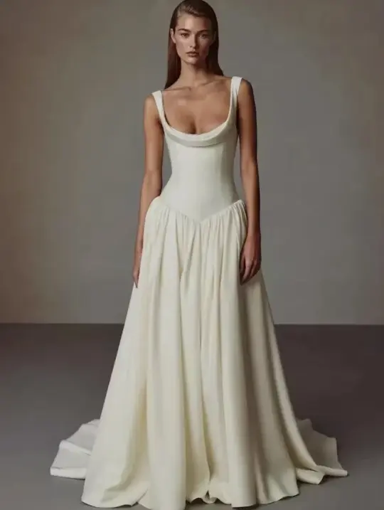 Silky Satin Corset Prom Gown ,  Mimimalist Ivory Maxi Summer Dress RS1861