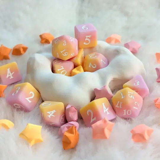 Sorbet Sunset Dice Set – 7 and 11-Piece Pastel Ombre DnD Dice | Fennek & Finch