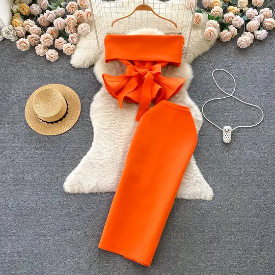 Palace style dress suit sexy one shoulder waist lotus leaf hem top versatile skirt two piece suit R2251