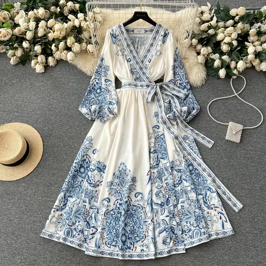 European and American palace style printed V-neck lantern long sleeve tie waist wide swing dress R2307