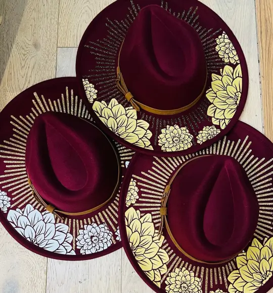 Wine Red Dahlia Burst Vegan Felt XL Wide Brim Hat