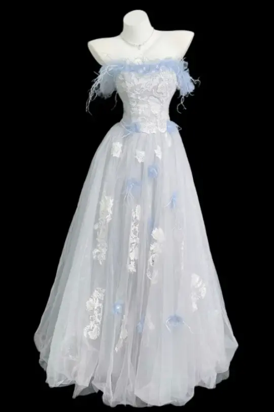 Embroidered Tulle Flowy Corset Prom Gown ,Gentle White Maxi Evening Dress RS2050