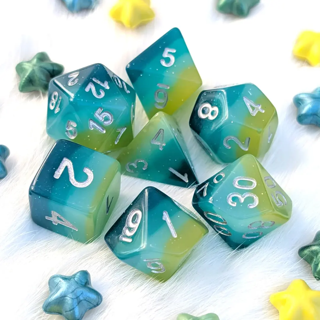 Layered DnD Dice Set - Green & Blue Glitter Resin - Lagoon Dreams