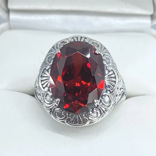 Garnet CZ Ring, Size 9.5, Oval Gemstone, Lion Filigree D217 - Ready to Ship