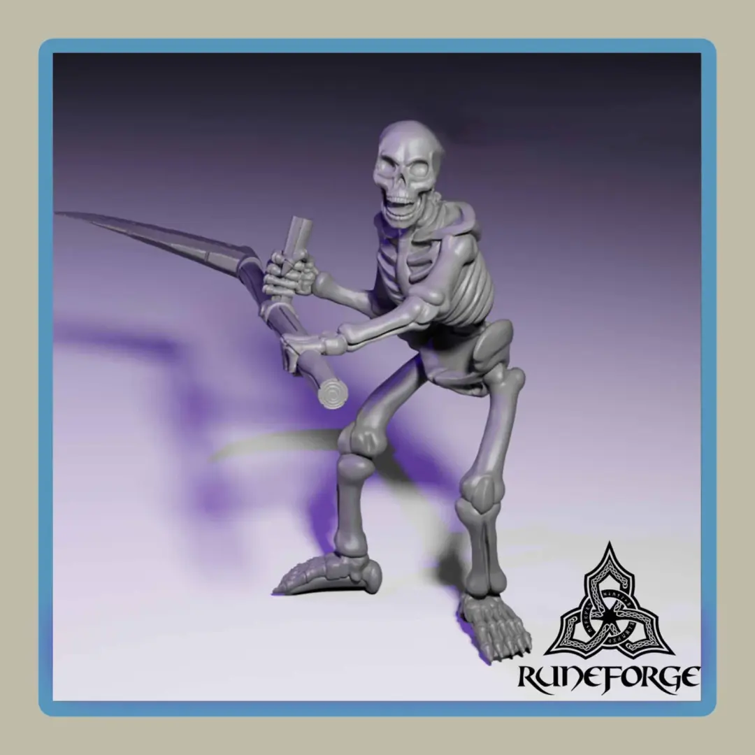 render of 28mm miniature undead unarmored skeleton with 2h scythe