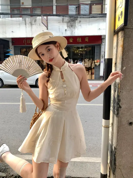 White Chinese collar sleeveless slim waist slimming A-line short skirt homecoming dress R4136