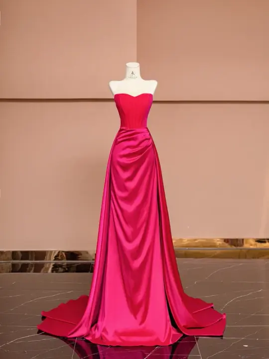 Rose pink strapless fitted long elegant ball gown, bridal dress R8421