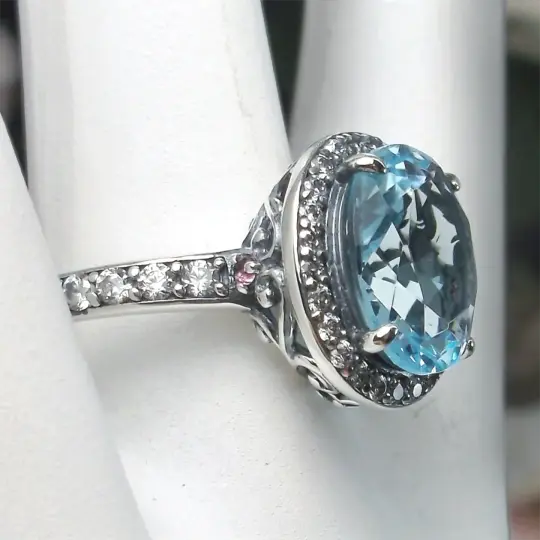 Aquamarine Halo Ring, Size 6, White CZ Accent Gems, Art Deco Sterling Silver Filigree #D228 - Ready to Ship