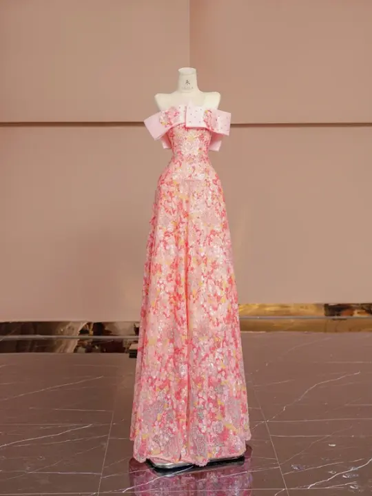 Pink floral print off-the-shoulder fitted A-line long ball gown/bridal dress R8395