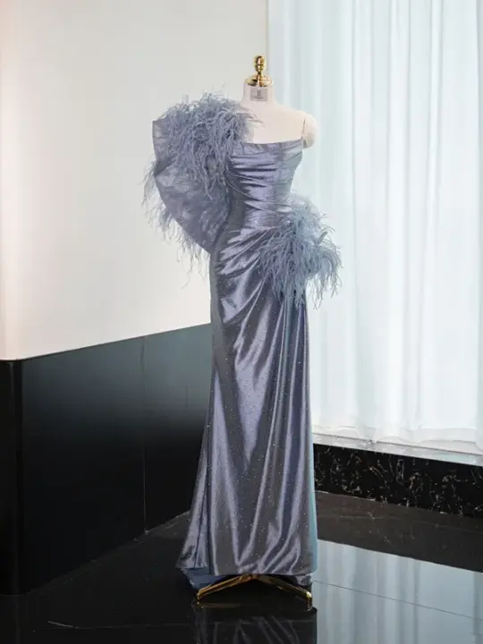 Gray-blue strapless fitted long ball gown R8980