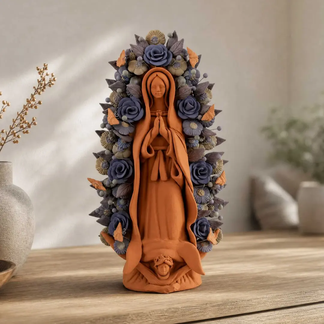 Blue Virgen de Guadalupe Barro Pigmentado Clay Sculpture