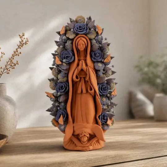Blue Virgen de Guadalupe Barro Pigmentado Clay Sculpture