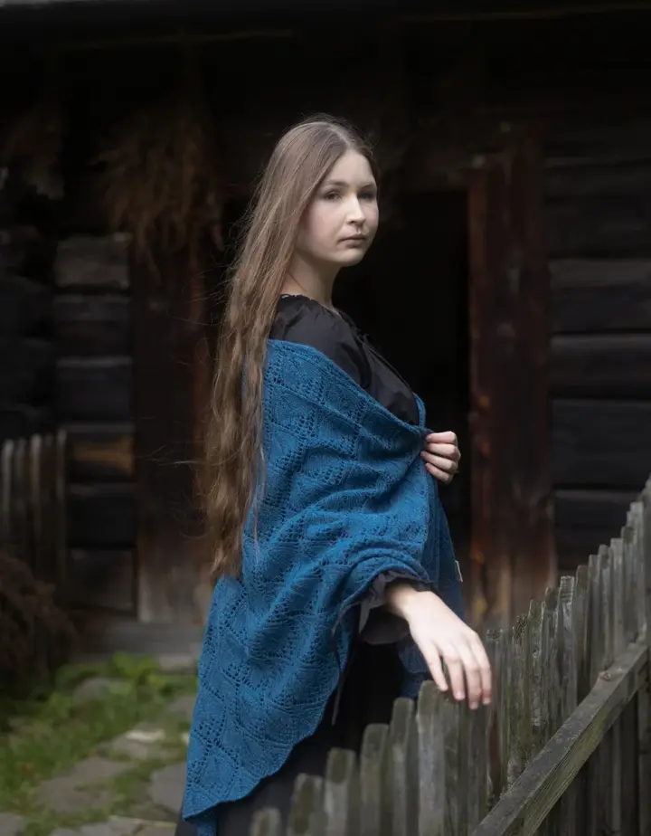 Étole 'Norna' pure laine et maille ajourée lagon
