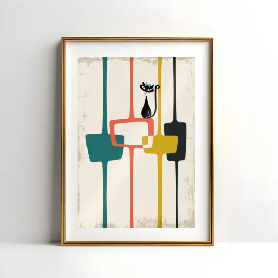 Mid Century Modern Atomic Cat in Pearls Poster