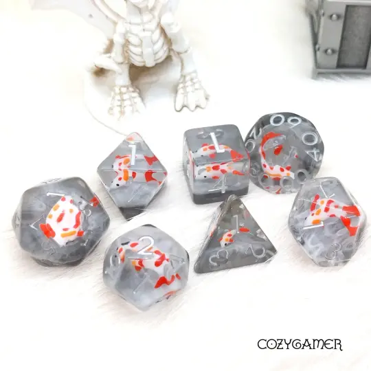 Koi Dice Set – Clear Resin with Orange, Black & White Fish