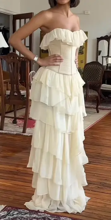 Clean Strapless Ruffled Prom Gown White Women's Corset Maxi Evening Dress Party Dress RS2846