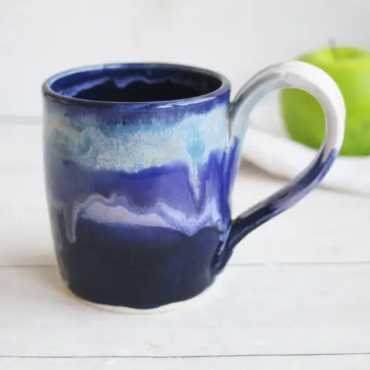 Handmade Pottery Mug in Layered Blue  Glazes, 13 oz. Made in USA