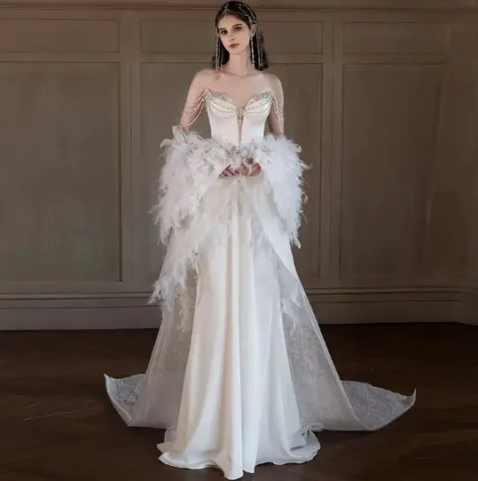 Gorgeous White Beading Mermaid Sweetheart Satin Corset Maxi Wedding Dress RS762