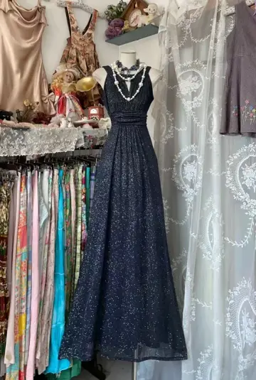 Navy blue sleeveless fitted waist sequined elegant long ball gown R7857