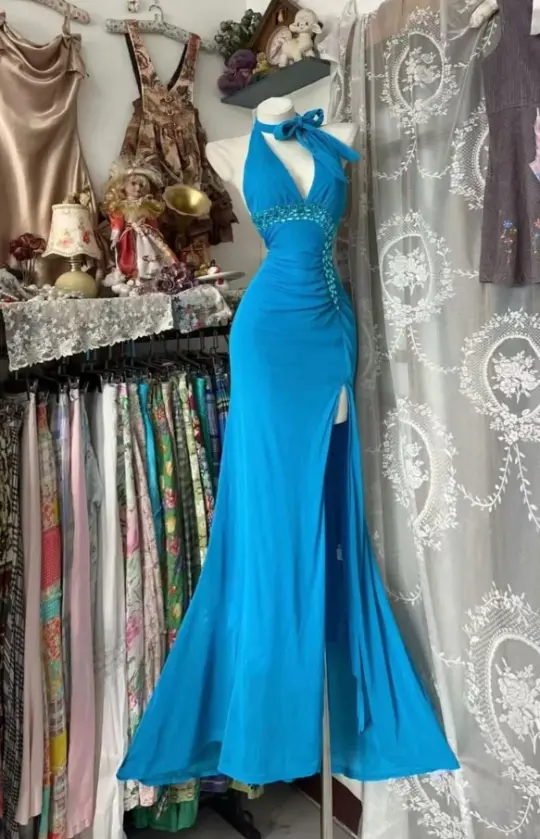 Sexy Baby Blue Empire Waist Mermaid V-neck High-slit Bodycon Maxi Prom Dress Summer Dress RS481