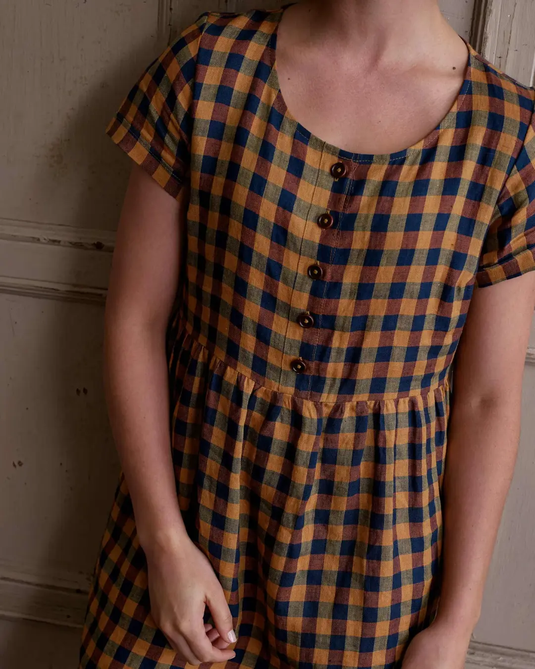 No.10 Button Up Linen Dress in Basque Check