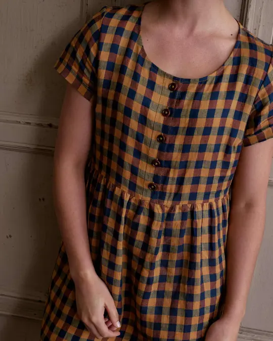 No.10 Button Up Linen Dress in Basque Check