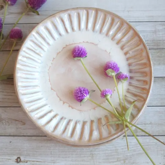 Custom Order for Kathleen, Set of 16 Hand Carved Salad Plates in Ocher and White Glaze