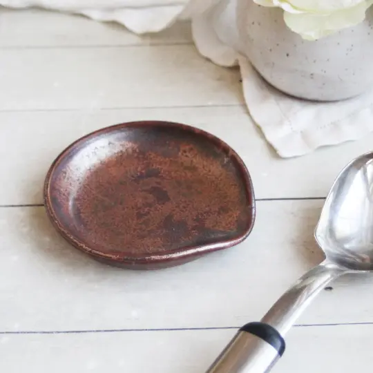 Handcrafted Medium Spoon Rest in Rustic Metallic Copper Glaze, Made in USA
