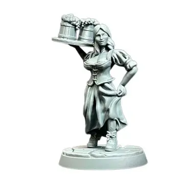 An unpainted, medium-dark grey 3D-printed tabletop miniature of a medieval fantasy tavern waitress or barmaid. The woman wears a laced bodice with puffed short sleeves, a long flowing skirt, and laced boots. Her right arm is raised, balancing a serving tray that holds three large, frothy wooden tankards, while her left hand rests near her hip, slightly lifting the edge of her skirt. She stands on a circular base with a cracked stone texture. Isolated on a white background.