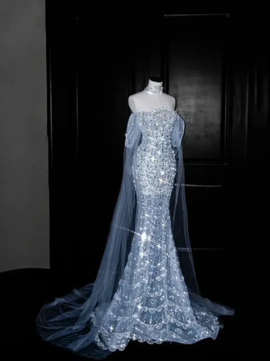 Light blue sequined one-shoulder waist-hugging hip-wrapped fishtail sexy long skirt, prom dress R5616