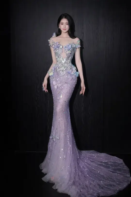 French Chic Exquisite Lilac Mermaid Sweetheart Long Women Dress with Beaded and Applique Evening Dress Birthday Dress RS122