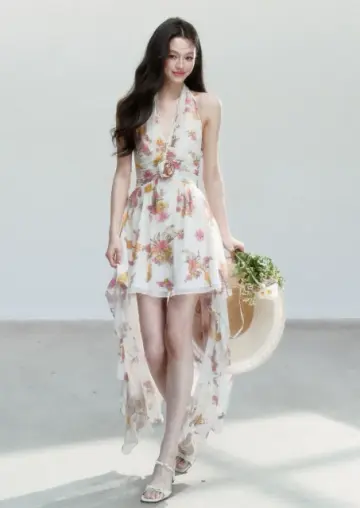 Floral Print Halter Neck Chiffon Dress Women With Lace Trim And Asymmetrical Hem R9419
