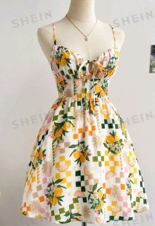 Apricot pattern suspenders waist gentle cute short skirt homecoming dress R3109