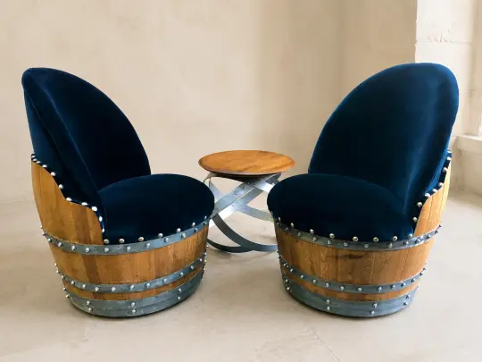 Whiskey & Wine Barrel Reading Chair — Hidden Storage, Blue Velvet Upholstery
