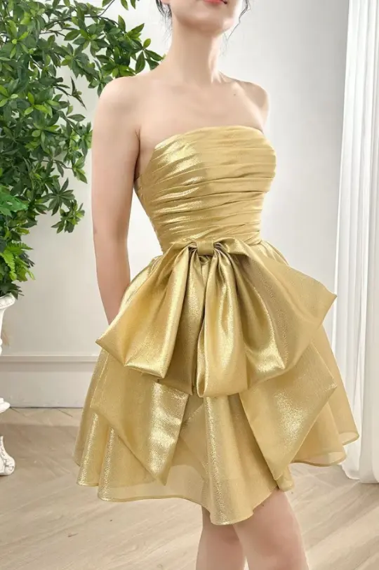 Elegant Bright Yellow A-Line Strapless Corset Mini Party Dress Homecoming Dress RS449