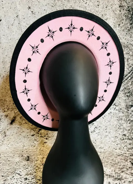 Pastel Pink Black Starburst Vegan Felt Wide Brim Hat