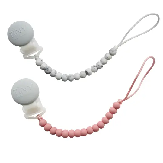 Tiny Teethers Designs Baby Boys and Baby Girls 2 Pack Signature Silicone Teether Beaded Pacifier Clip, Pink & Marble
