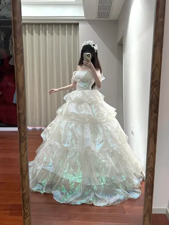 White off-the-shoulder, fitted waist, tiered, full skirt, long ball gown R8638
