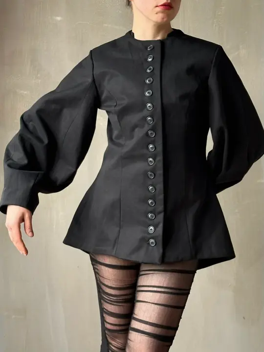 Tails Button Jacket with Lantern Sleeve in Black Cotton Twill (In Stock) *