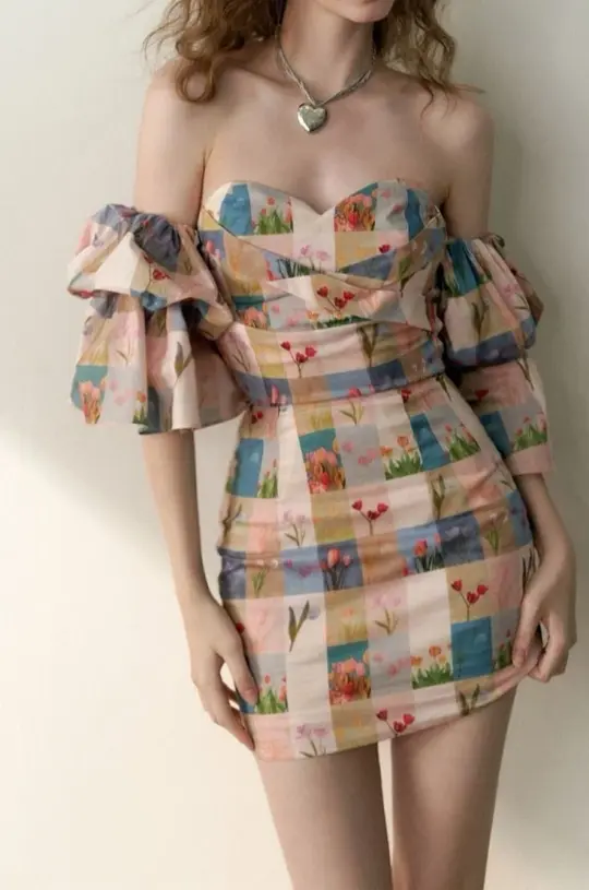 Brown checkered one-shoulder tube top waist slimming hip skirt homecoming dress R3053