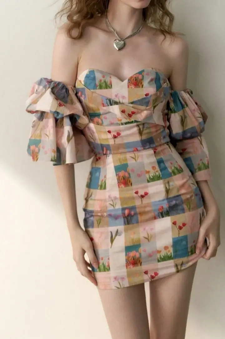 Brown checkered one-shoulder tube top waist slimming hip skirt homecoming dress R3053