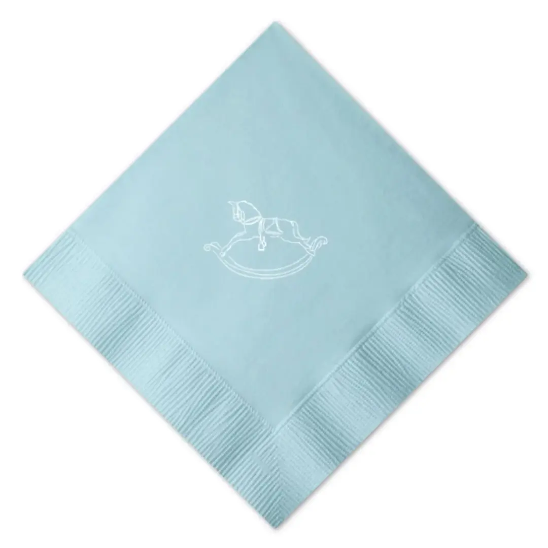 White Foil Printed Rocking Horse on Blue Cocktail Napkin