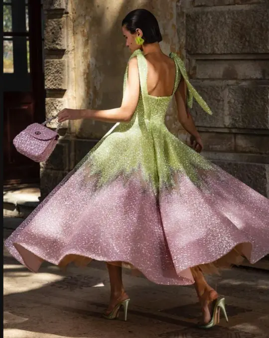 Pink and green stitching suspender waist and wide skirt dress, prom dress R5294