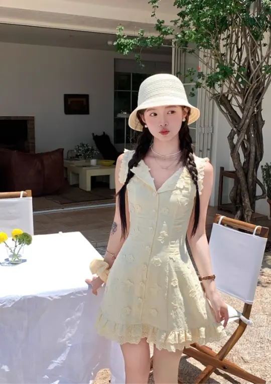 Yellow sleeveless waist a-line dress women's summer French temperament skirt R4622