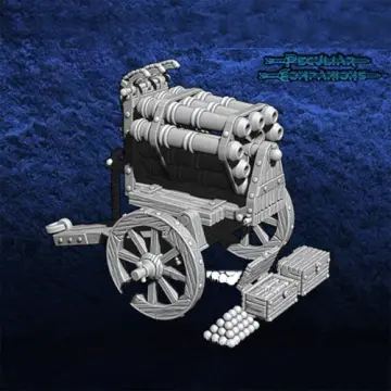 Unpainted 28mm 3D-printed multi-barreled volley gun with ammunition cart — tabletop miniatures for historical wargaming, D&D & Pathfinder