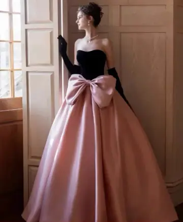 French Chic Blackpink Ball Gown Strapless Bow waist Ornament Corset Maxi Evening Dress Birthday Dress RS349