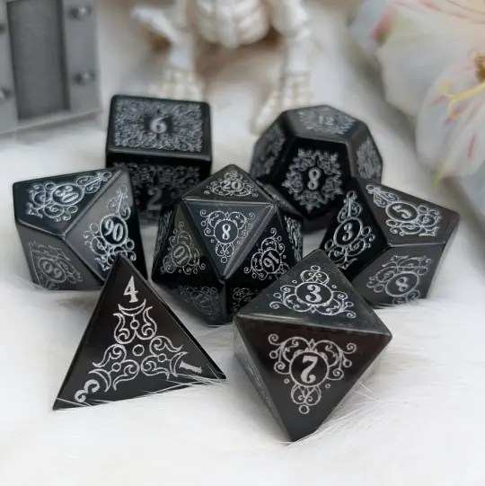 Garden Gate Obsidian Gemstone Dice Set with Silver Font | Fennek & Finch